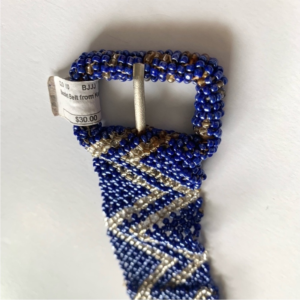 African Hand-Beaded Belt Navy & Silver Fits Most Sized Art To Wear - Picture 3 of 7